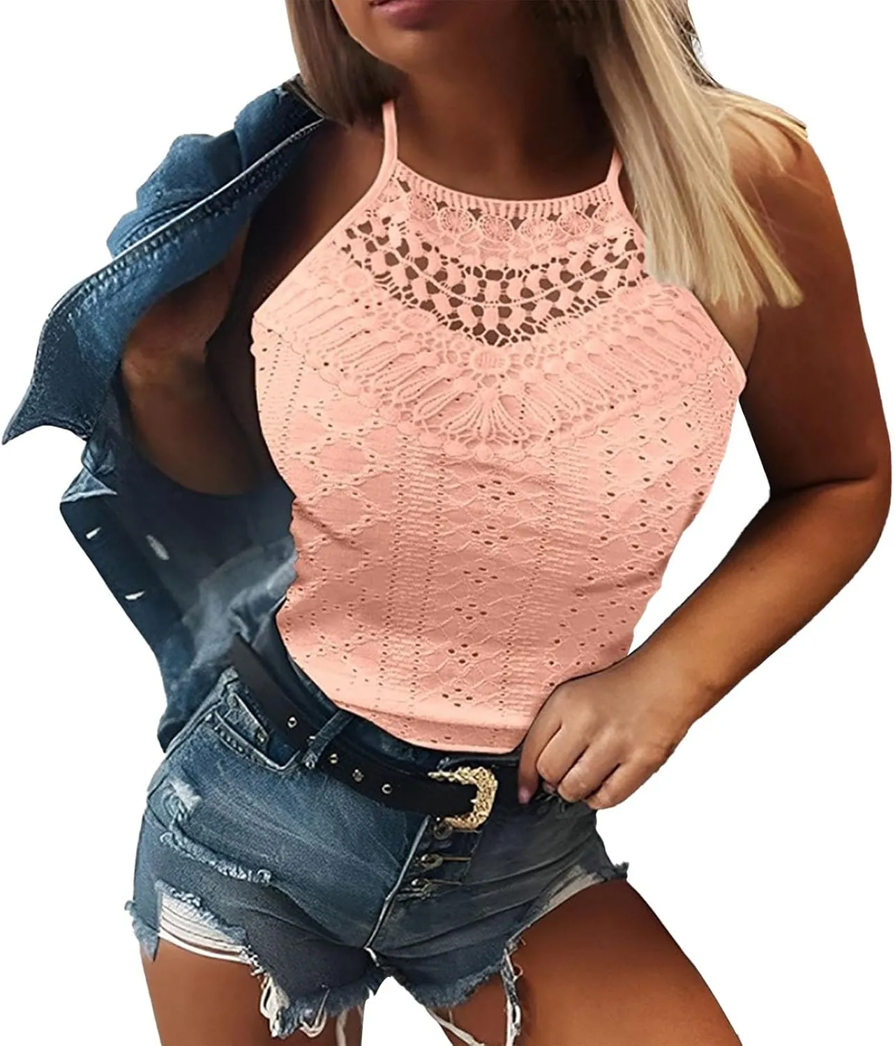 Women's Summer Halter Spaghetti Strap Flowy Tank Tops Sleeveless Shirts Blouses Lace Cami Camisole