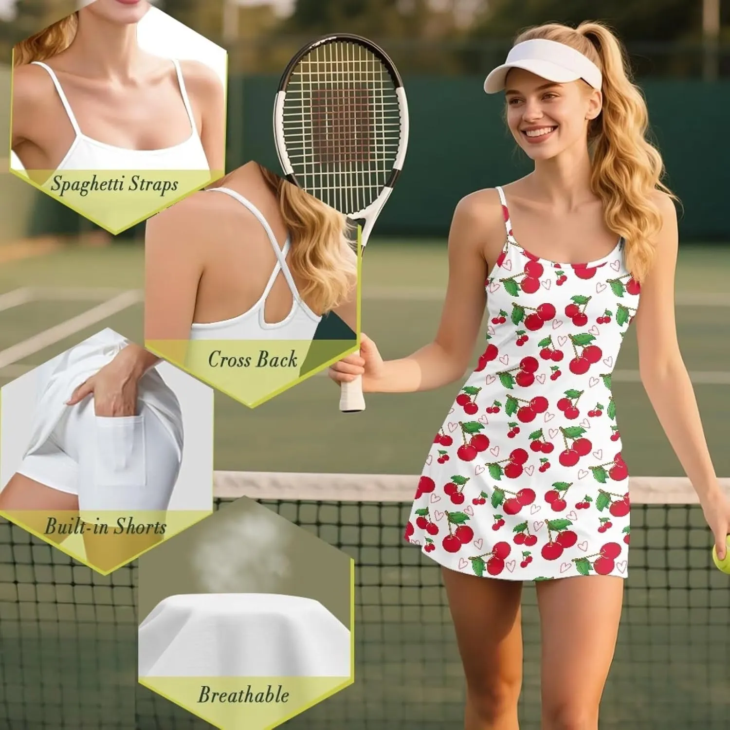 Womens Tennis Dress with Built in Shorts Spaghetti Strap Backless Sleeveless Golf Fashion Athletic Dress XS-2XL