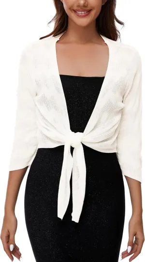 Women's Tie Front Bolero Cardigan Shrug Sweater 3/4 Sleeve Knotted Lightweight Short Shawl Top