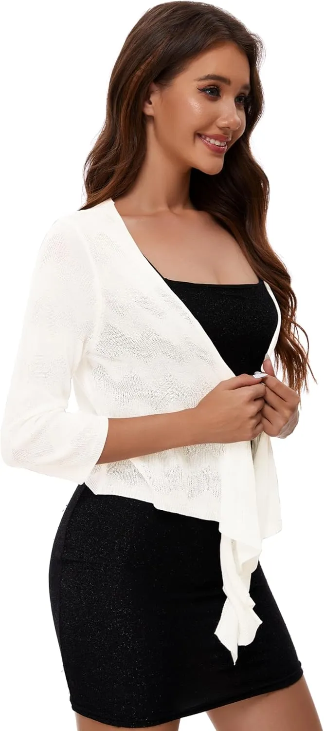Women's Tie Front Bolero Cardigan Shrug Sweater 3/4 Sleeve Knotted Lightweight Short Shawl Top