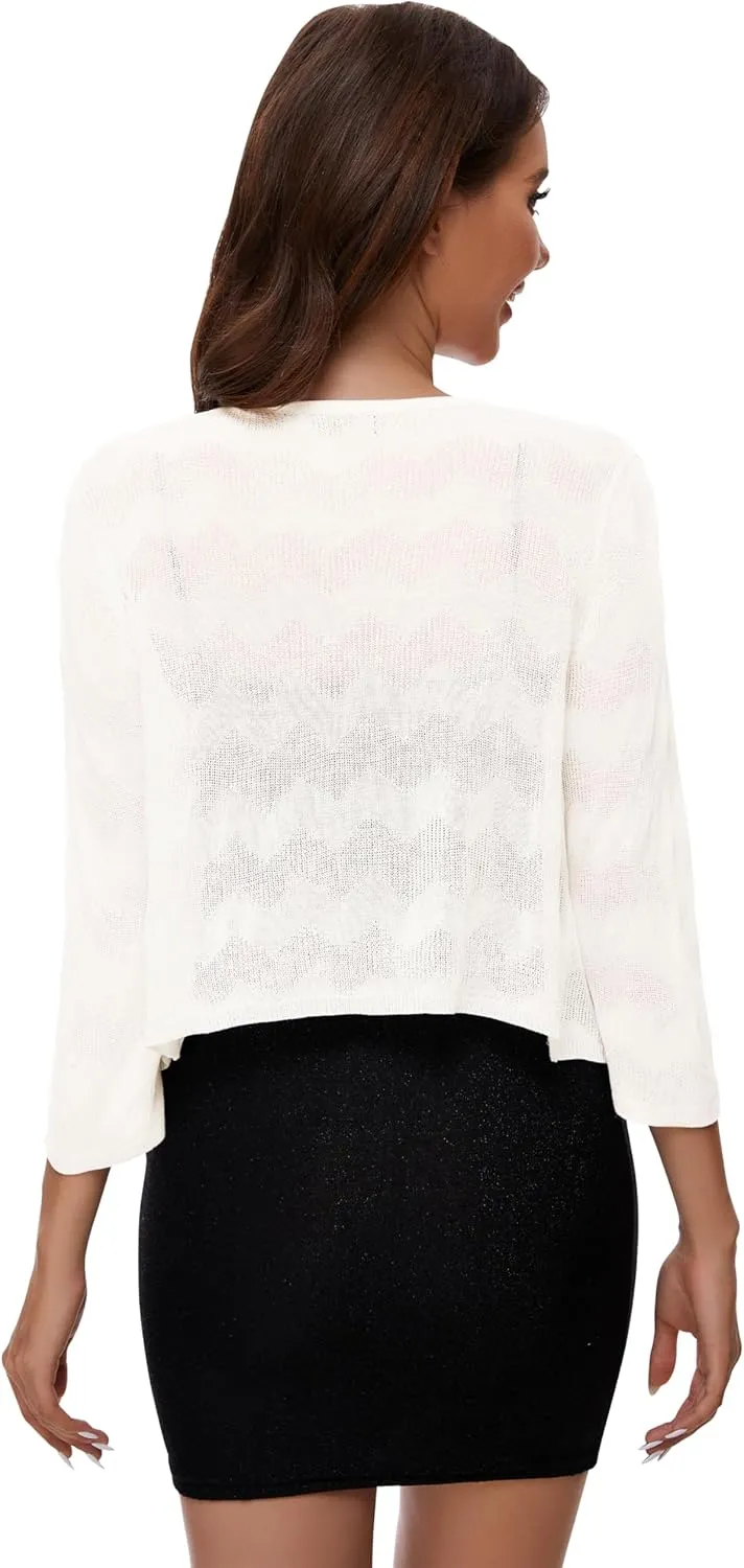 Women's Tie Front Bolero Cardigan Shrug Sweater 3/4 Sleeve Knotted Lightweight Short Shawl Top