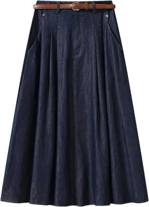 Women's Vintage Denim Midi High Waist A-Line Plain Pleated Thin Denim Skirt