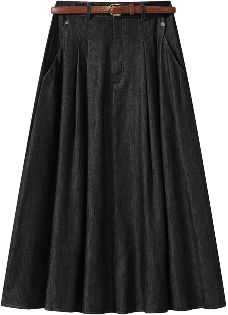 Women's Vintage Denim Midi High Waist A-Line Plain Pleated Thin Denim Skirt
