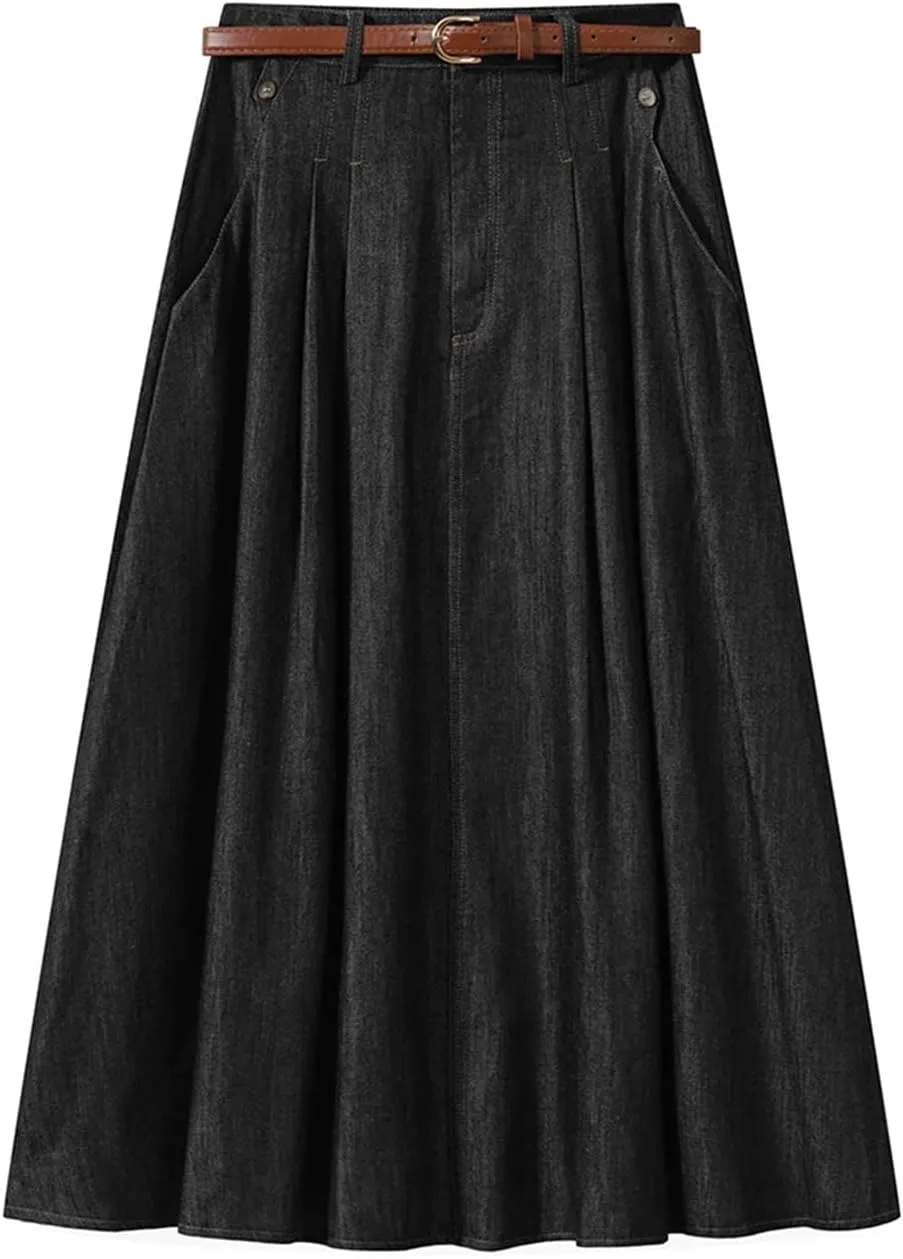 Women's Vintage Denim Midi High Waist A-Line Plain Pleated Thin Denim Skirt