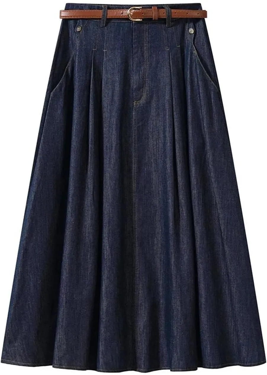 Women's Vintage Denim Midi High Waist A-Line Plain Pleated Thin Denim Skirt