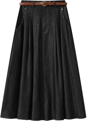 Women's Vintage Denim Midi High Waist A-Line Plain Pleated Thin Denim Skirt