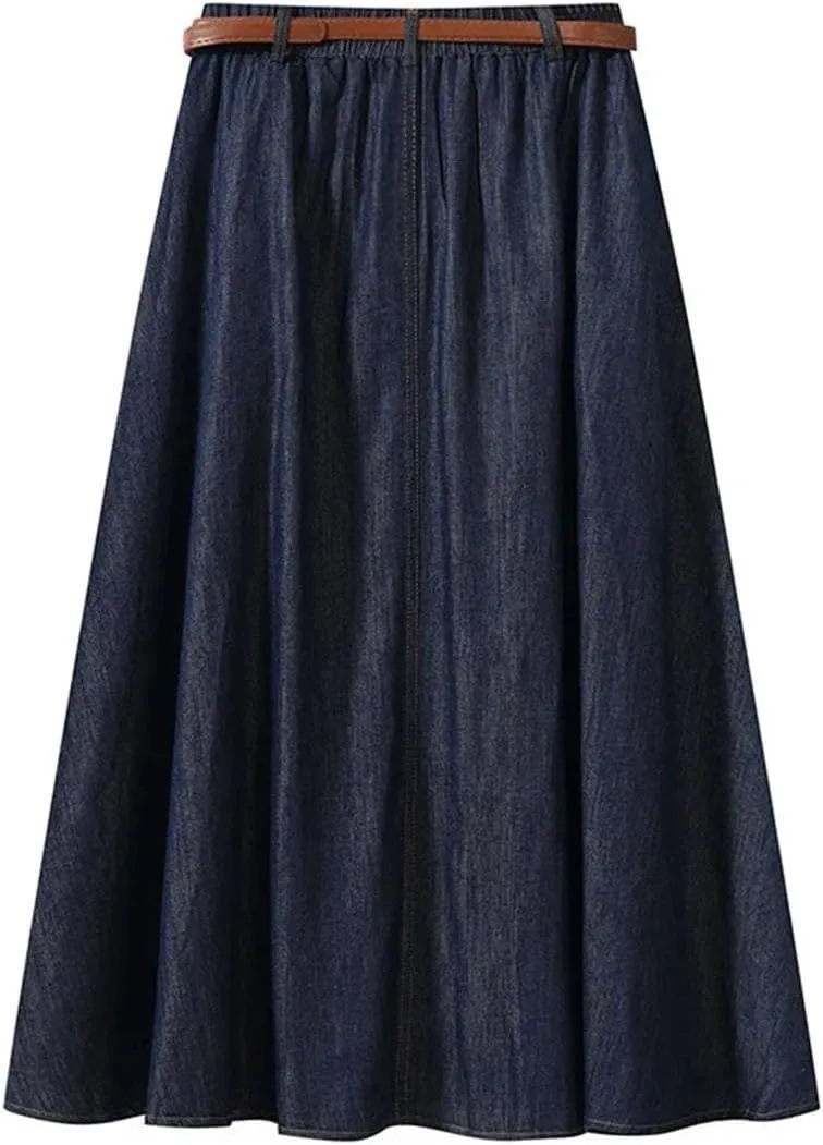 Women's Vintage Denim Midi High Waist A-Line Plain Pleated Thin Denim Skirt
