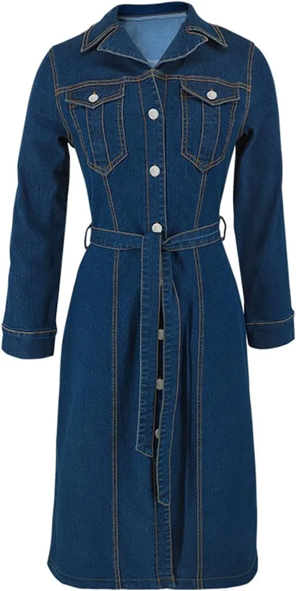 Women's Vintage Fashion Long Jean Jacket Loose Fit Lapel Buttons Denim Trench Vercoat with Belt