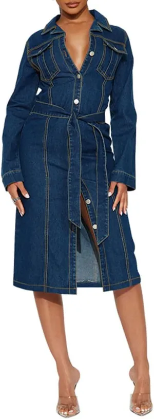 Women's Vintage Fashion Long Jean Jacket Loose Fit Lapel Buttons Denim Trench Vercoat with Belt