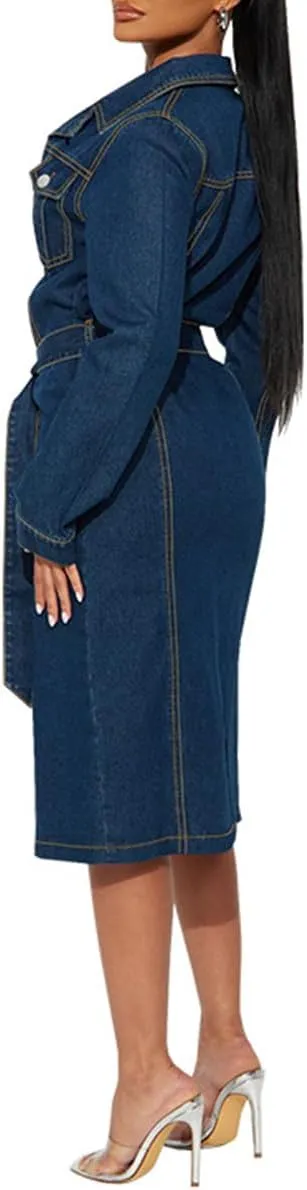 Women's Vintage Fashion Long Jean Jacket Loose Fit Lapel Buttons Denim Trench Vercoat with Belt