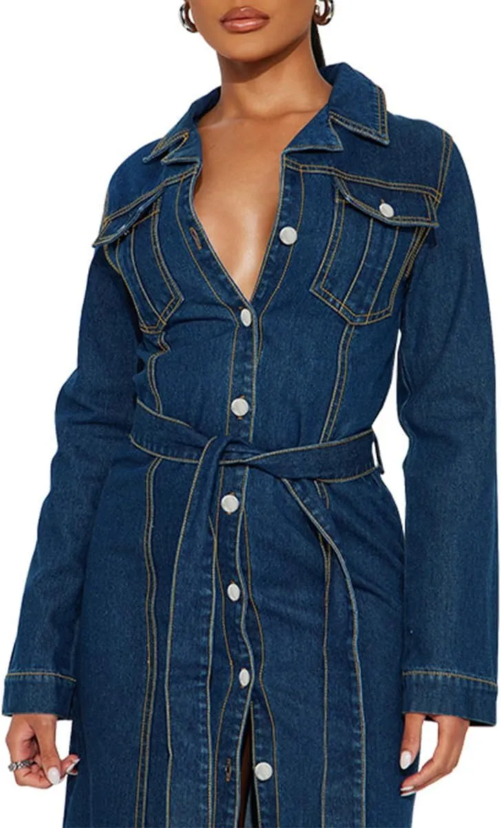 Women's Vintage Fashion Long Jean Jacket Loose Fit Lapel Buttons Denim Trench Vercoat with Belt