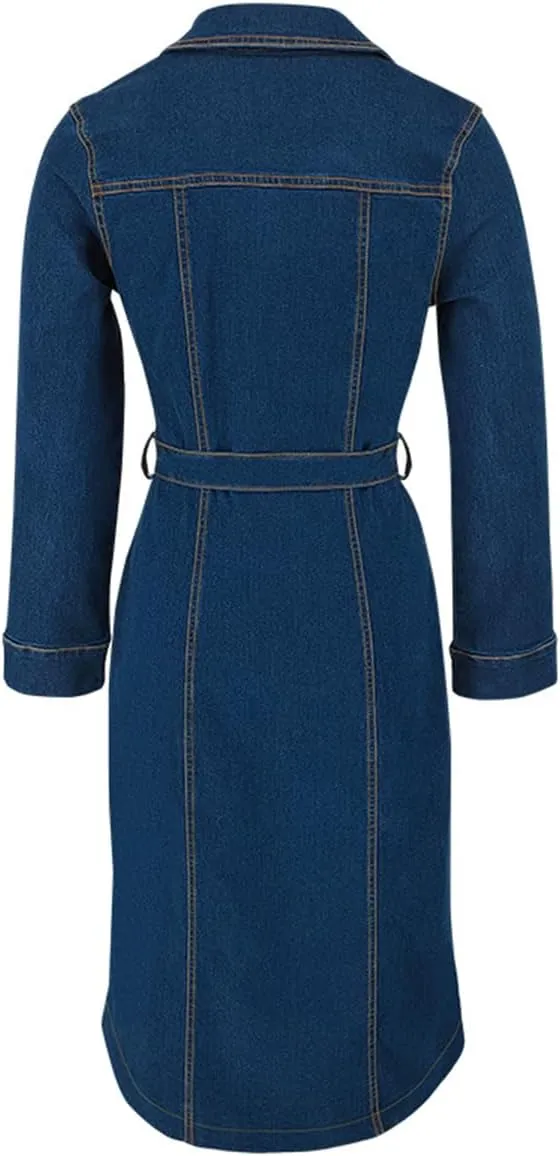 Women's Vintage Fashion Long Jean Jacket Loose Fit Lapel Buttons Denim Trench Vercoat with Belt