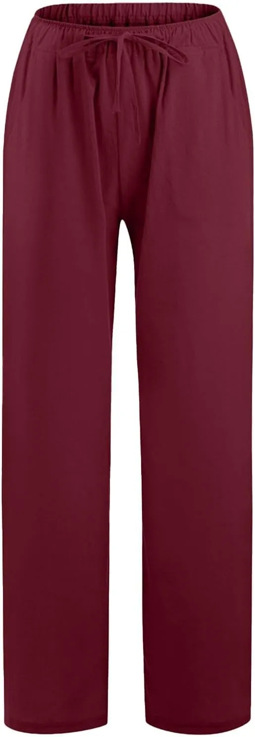 Women's Wide Leg Cotton Linen Pants Summer Flowy Beach Pants Drawstring High Waisted Palazzo Pants Plus Size Yoga Trousers