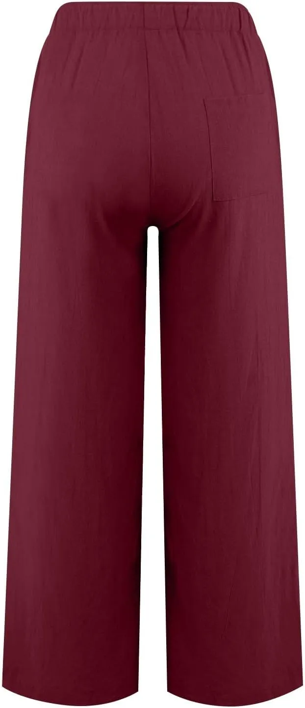 Women's Wide Leg Cotton Linen Pants Summer Flowy Beach Pants Drawstring High Waisted Palazzo Pants Plus Size Yoga Trousers