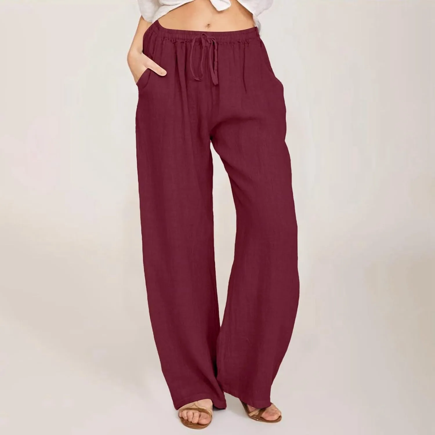 Women's Wide Leg Cotton Linen Pants Summer Flowy Beach Pants Drawstring High Waisted Palazzo Pants Plus Size Yoga Trousers