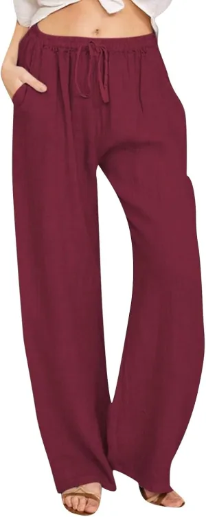 Women's Wide Leg Cotton Linen Pants Summer Flowy Beach Pants Drawstring High Waisted Palazzo Pants Plus Size Yoga Trousers