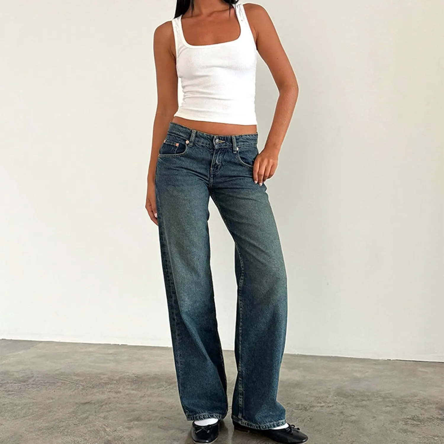 Women's Y2K Wide Leg Denim Pants Baggy Low Waist Wide Leg Boyfriend Jeans Casual Vintage Loose Jeans Streetwear