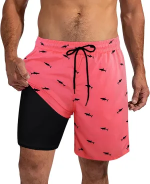 XiaoMoSha Mens Swim Trunks with Compression Liner 7" Quick Dry Board Shorts Bathing Suit with Pockets Swimwear Swimsuit S-2XL
