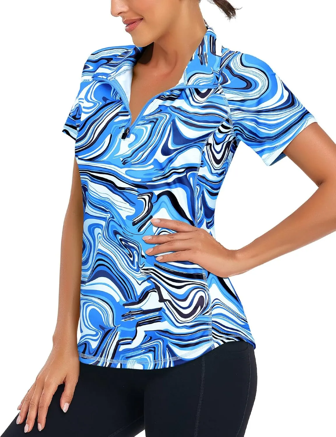 Zamowoty Women's Short Sleeve Golf Shirts 1/4 Zip Up Loose Yoga Running Workout Tops
