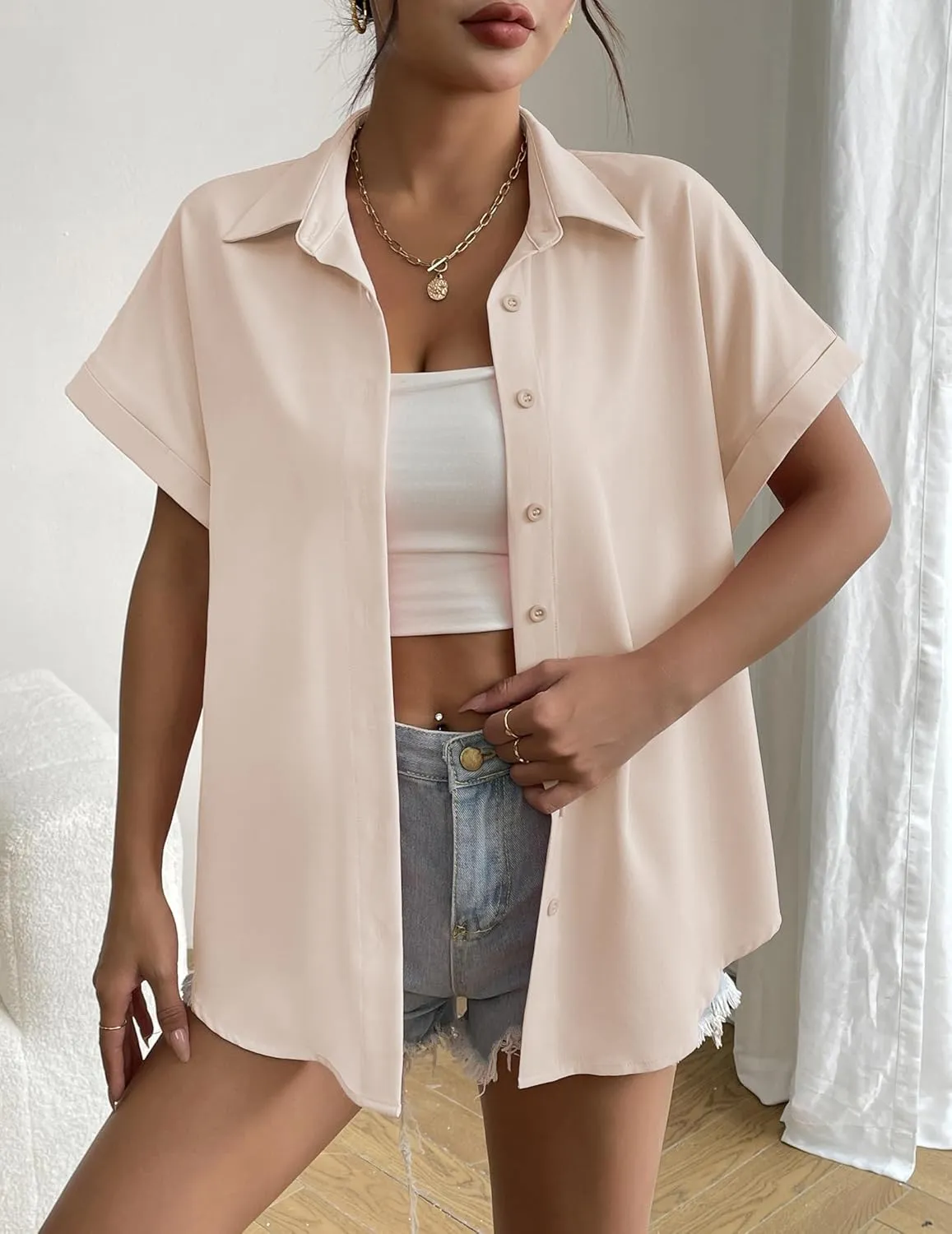 Zeagoo Short Sleeve Summer Tops for Women Casual Button Down Shirts Solid/Striped Business Work Blouses