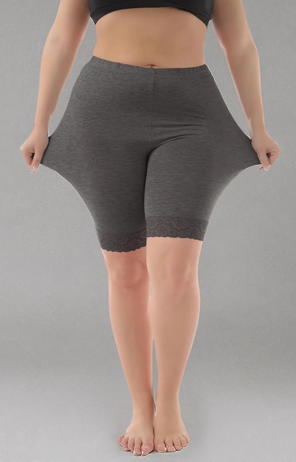 ZERDOCEAN Women's Plus Size Soft Basic Mid Thigh Shorts Leggings with Lace Trim