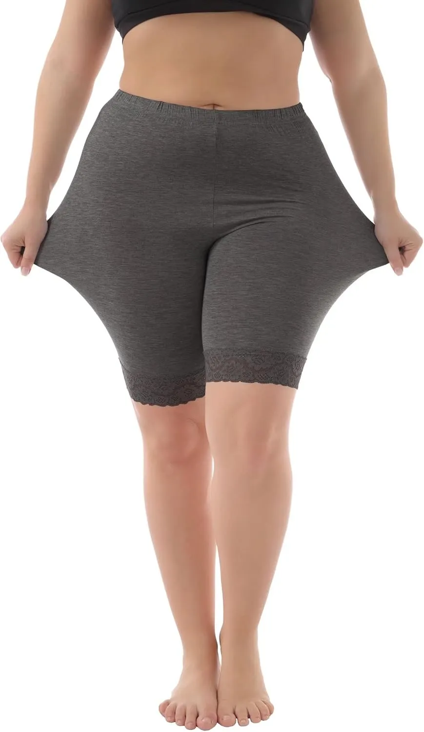 ZERDOCEAN Women's Plus Size Soft Basic Mid Thigh Shorts Leggings with Lace Trim