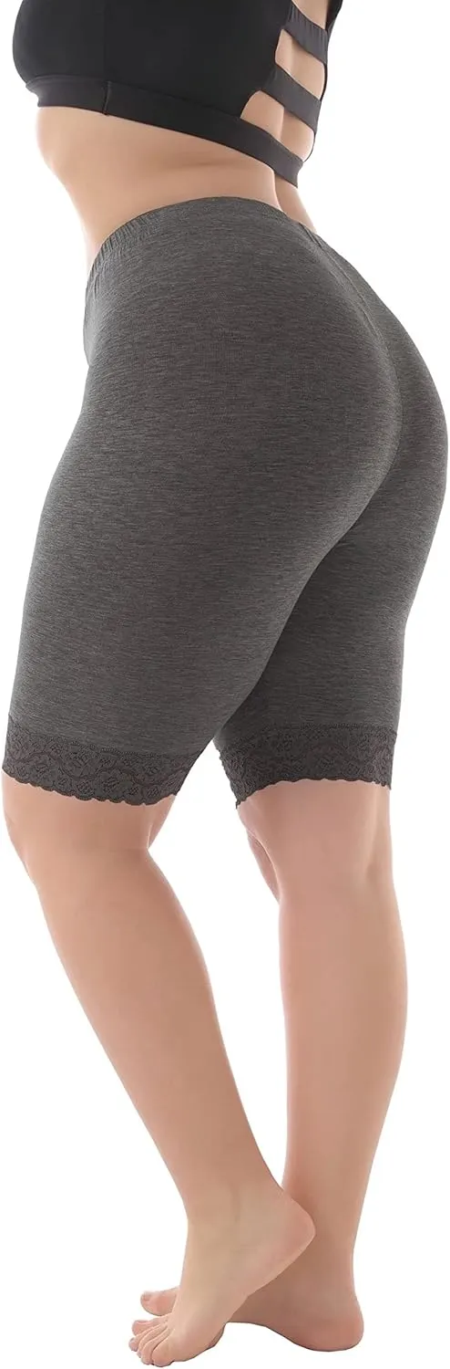 ZERDOCEAN Women's Plus Size Soft Basic Mid Thigh Shorts Leggings with Lace Trim